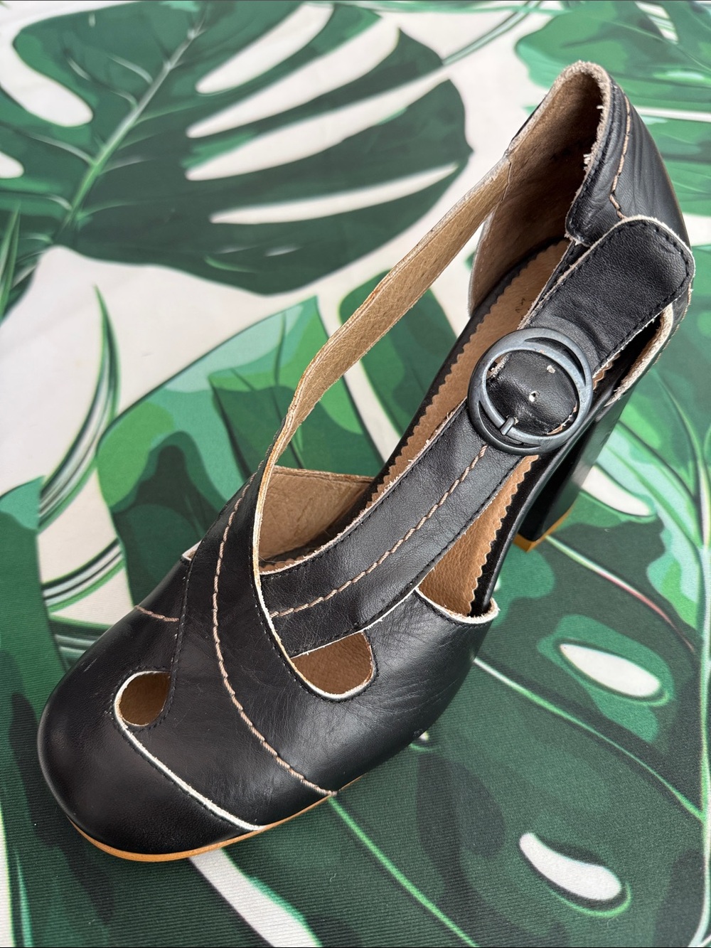 Fly London Black Leather Peep-Toe Strap Heels with Round Buckle